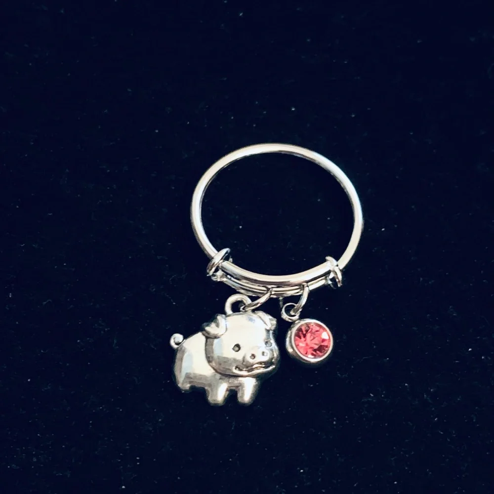 Pig charm dangle ring with birthstone charm